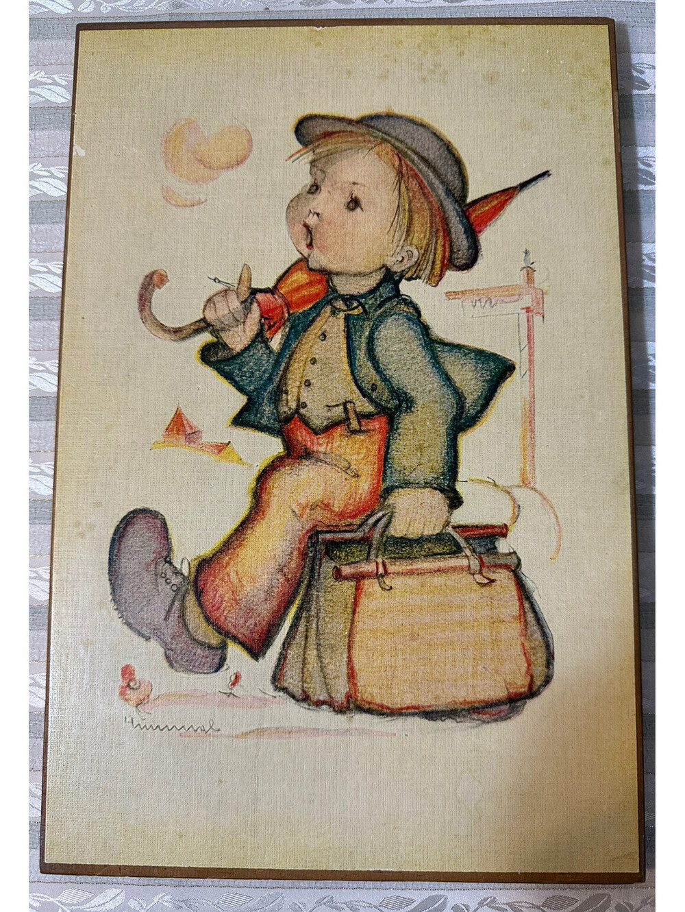 Vintage MJ HUMMEL Boy Traveler Wood Wall Art Picture VTG Decor Collector Piece
